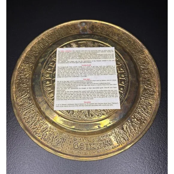 Vintage Mayan Aztec Sun Calendar Plate Brass Enamel Mexico Intricate Raised Art - Picture 2 of 3